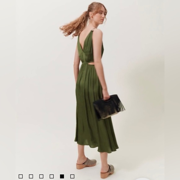 SIZE 34 MAJE KHAKI SATIN LONG STRAIGHT-CUT DRESS WITH OPENWORK AT THE WAIST 👗 - Picture 7 of 11